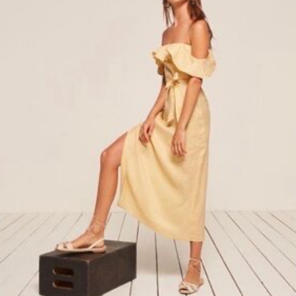 Reformation Madrid Dress Linen Off-Shoulder Slit Dress Buttercup XS